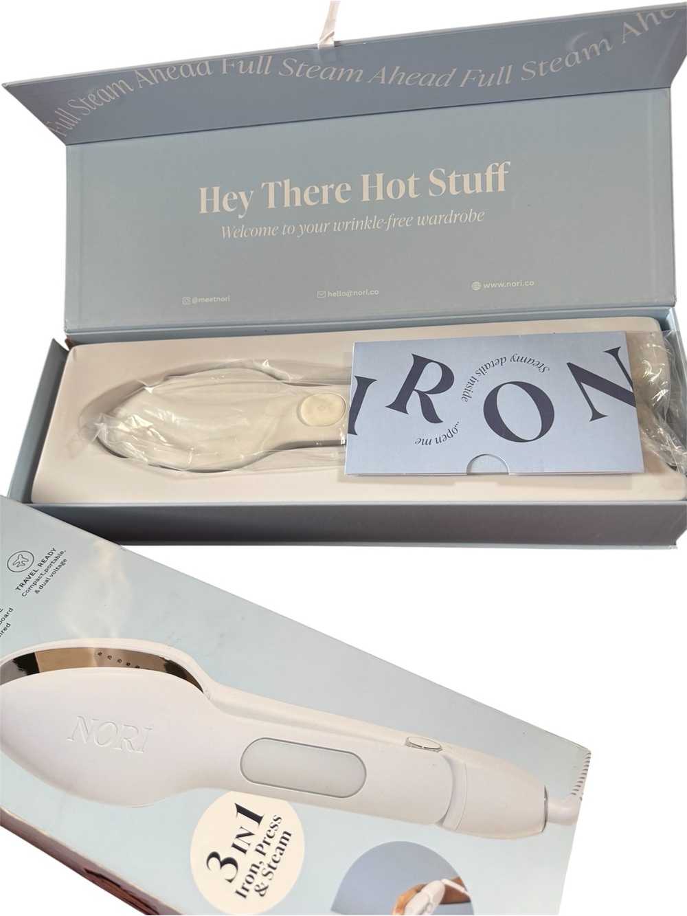 NORI portable handheld steam, iron and press. Perfect for traveling! New in box - Picture 2 of 5